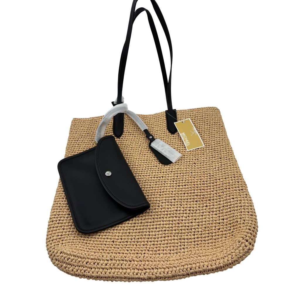 Michael Kors Eliza Large Woven Straw Tote Bag NWT Natural Black Pouch Clochette